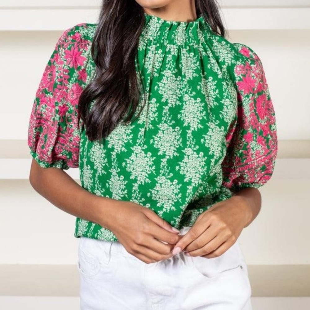 THML Anegada Embroidered Puff Sleeve Blouse S